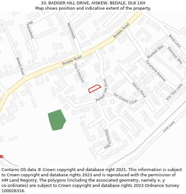 33, BADGER HILL DRIVE, AISKEW, BEDALE, DL8 1XH: Location map and indicative extent of plot