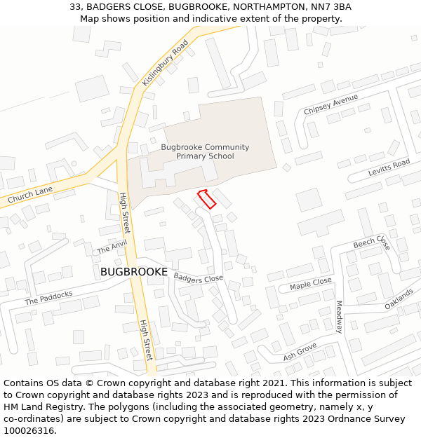 33, BADGERS CLOSE, BUGBROOKE, NORTHAMPTON, NN7 3BA: Location map and indicative extent of plot