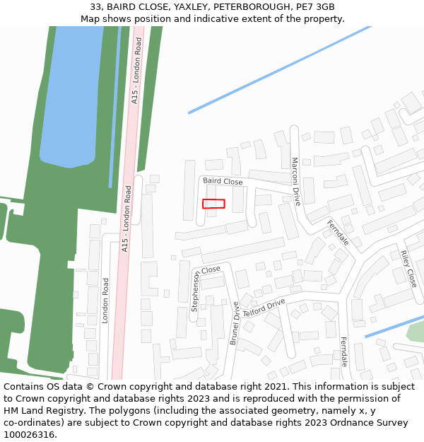 33, BAIRD CLOSE, YAXLEY, PETERBOROUGH, PE7 3GB: Location map and indicative extent of plot