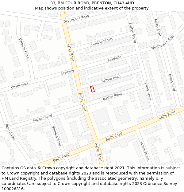 33, BALFOUR ROAD, PRENTON, CH43 4UD: Location map and indicative extent of plot