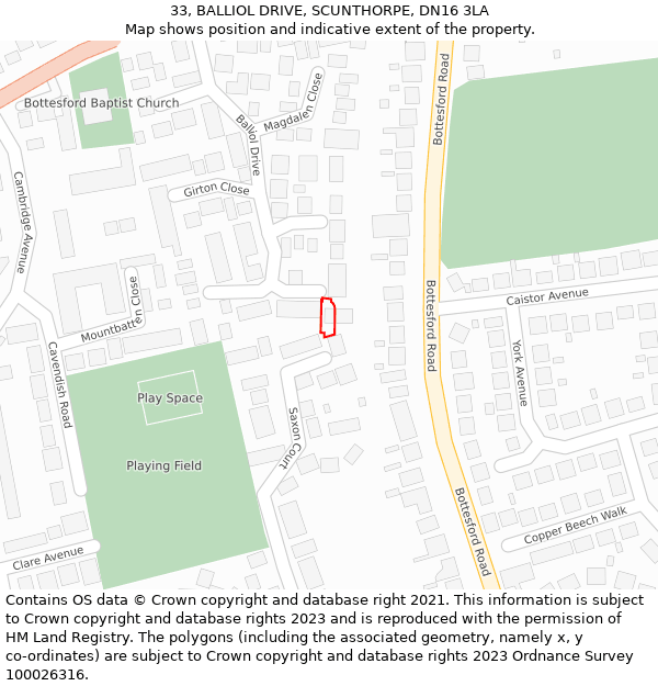 33, BALLIOL DRIVE, SCUNTHORPE, DN16 3LA: Location map and indicative extent of plot