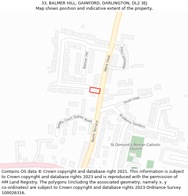 33, BALMER HILL, GAINFORD, DARLINGTON, DL2 3EJ: Location map and indicative extent of plot