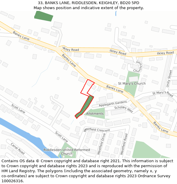 33, BANKS LANE, RIDDLESDEN, KEIGHLEY, BD20 5PD: Location map and indicative extent of plot