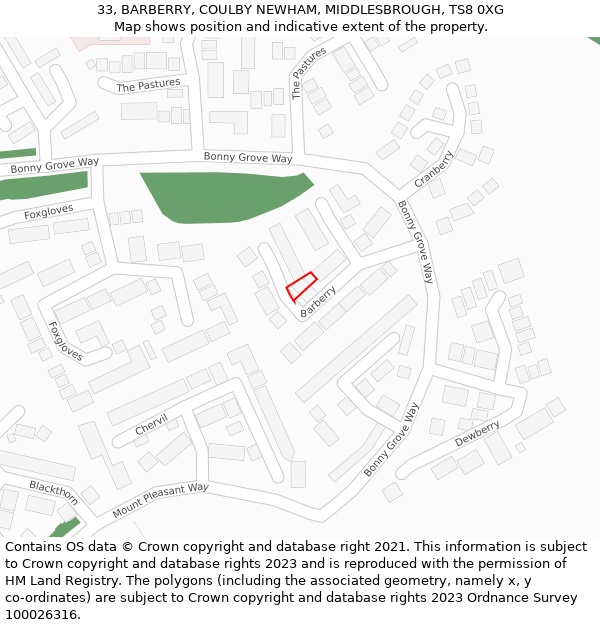 33, BARBERRY, COULBY NEWHAM, MIDDLESBROUGH, TS8 0XG: Location map and indicative extent of plot