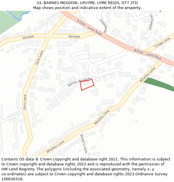 33, BARNES MEADOW, UPLYME, LYME REGIS, DT7 3TD: Location map and indicative extent of plot