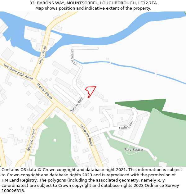 33, BARONS WAY, MOUNTSORREL, LOUGHBOROUGH, LE12 7EA: Location map and indicative extent of plot
