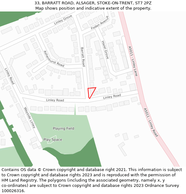 33, BARRATT ROAD, ALSAGER, STOKE-ON-TRENT, ST7 2PZ: Location map and indicative extent of plot