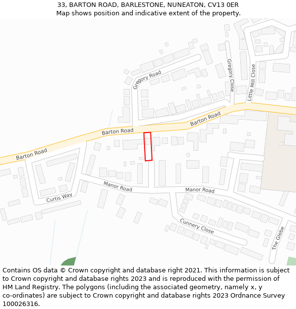 33, BARTON ROAD, BARLESTONE, NUNEATON, CV13 0ER: Location map and indicative extent of plot