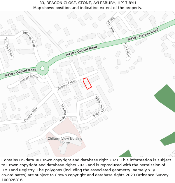 33, BEACON CLOSE, STONE, AYLESBURY, HP17 8YH: Location map and indicative extent of plot