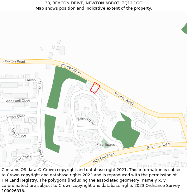 33, BEACON DRIVE, NEWTON ABBOT, TQ12 1GG: Location map and indicative extent of plot