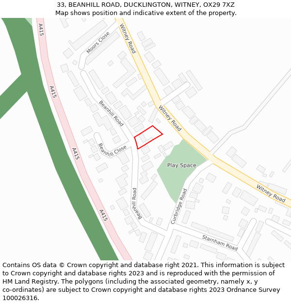 33, BEANHILL ROAD, DUCKLINGTON, WITNEY, OX29 7XZ: Location map and indicative extent of plot