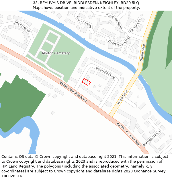 33, BEAUVAIS DRIVE, RIDDLESDEN, KEIGHLEY, BD20 5LQ: Location map and indicative extent of plot