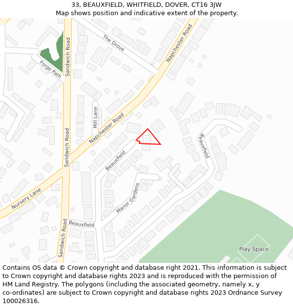 33, BEAUXFIELD, WHITFIELD, DOVER, CT16 3JW: Location map and indicative extent of plot