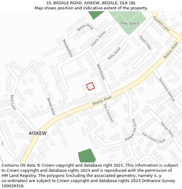 33, BEDALE ROAD, AISKEW, BEDALE, DL8 1BL: Location map and indicative extent of plot