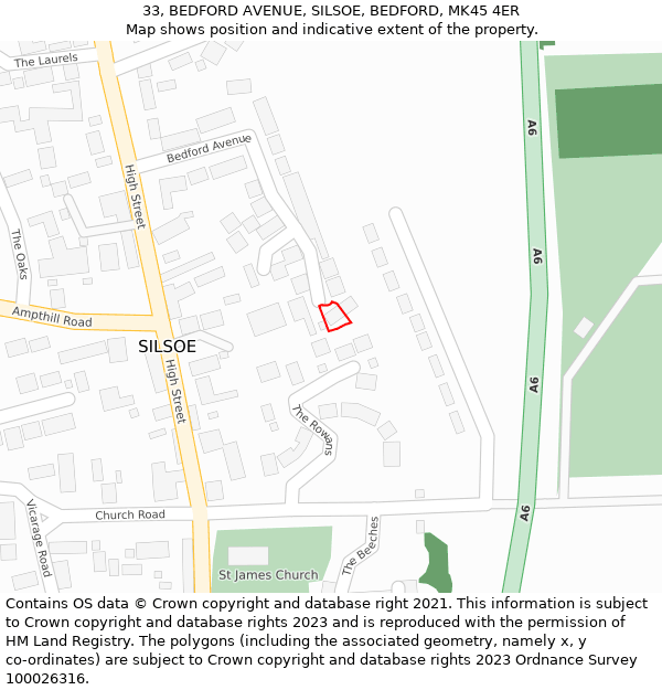 33, BEDFORD AVENUE, SILSOE, BEDFORD, MK45 4ER: Location map and indicative extent of plot