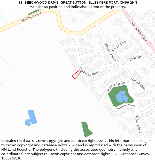 33, BEECHWOOD DRIVE, GREAT SUTTON, ELLESMERE PORT, CH66 2HN: Location map and indicative extent of plot