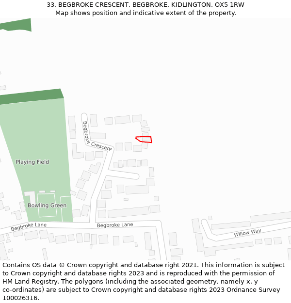 33, BEGBROKE CRESCENT, BEGBROKE, KIDLINGTON, OX5 1RW: Location map and indicative extent of plot