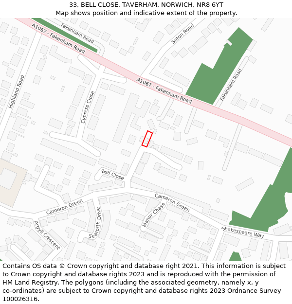 33, BELL CLOSE, TAVERHAM, NORWICH, NR8 6YT: Location map and indicative extent of plot