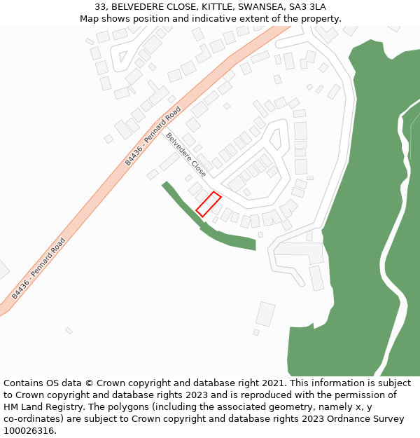 33, BELVEDERE CLOSE, KITTLE, SWANSEA, SA3 3LA: Location map and indicative extent of plot