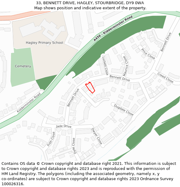 33, BENNETT DRIVE, HAGLEY, STOURBRIDGE, DY9 0WA: Location map and indicative extent of plot