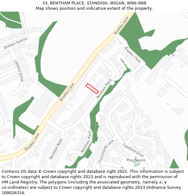 33, BENTHAM PLACE, STANDISH, WIGAN, WN6 0NB: Location map and indicative extent of plot