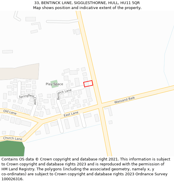 33, BENTINCK LANE, SIGGLESTHORNE, HULL, HU11 5QR: Location map and indicative extent of plot