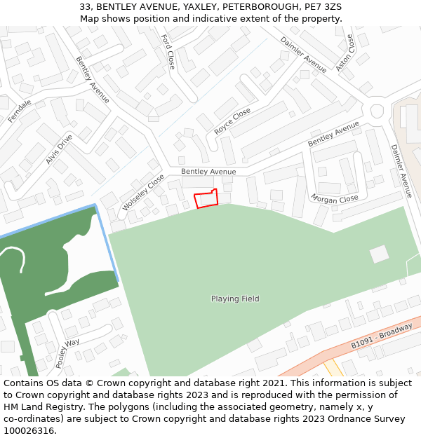 33, BENTLEY AVENUE, YAXLEY, PETERBOROUGH, PE7 3ZS: Location map and indicative extent of plot