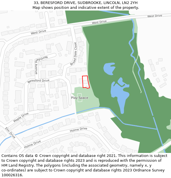 33, BERESFORD DRIVE, SUDBROOKE, LINCOLN, LN2 2YH: Location map and indicative extent of plot