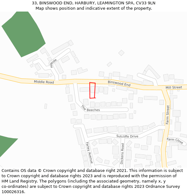 33, BINSWOOD END, HARBURY, LEAMINGTON SPA, CV33 9LN: Location map and indicative extent of plot
