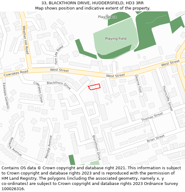 33, BLACKTHORN DRIVE, HUDDERSFIELD, HD3 3RR: Location map and indicative extent of plot