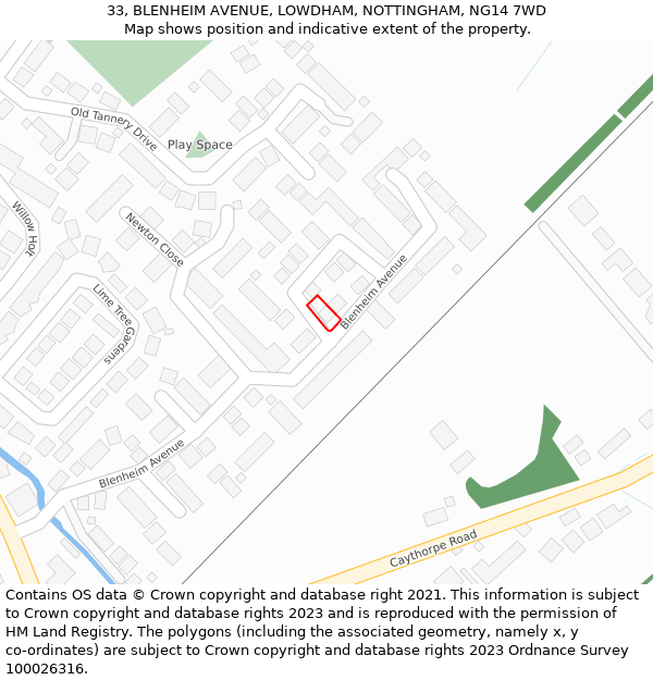 33, BLENHEIM AVENUE, LOWDHAM, NOTTINGHAM, NG14 7WD: Location map and indicative extent of plot