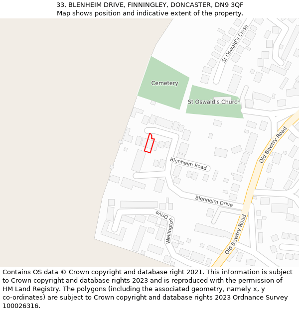 33, BLENHEIM DRIVE, FINNINGLEY, DONCASTER, DN9 3QF: Location map and indicative extent of plot