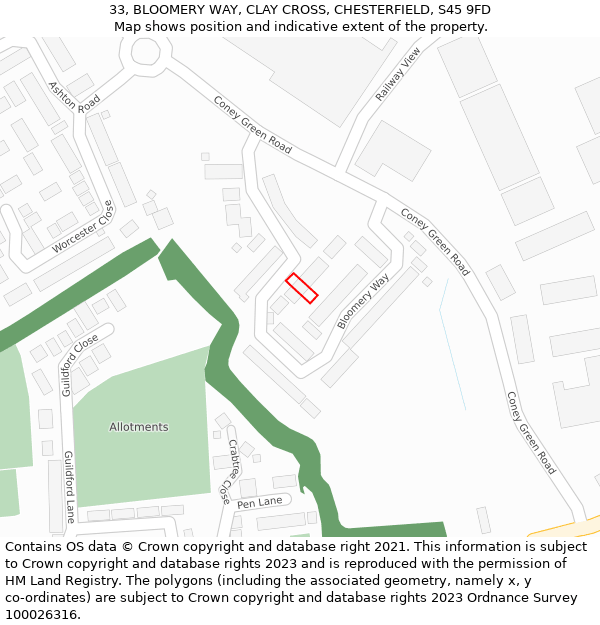 33, BLOOMERY WAY, CLAY CROSS, CHESTERFIELD, S45 9FD: Location map and indicative extent of plot