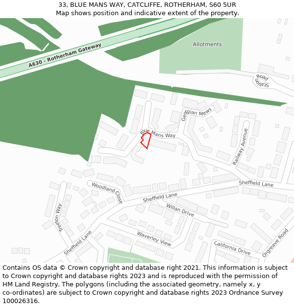 33, BLUE MANS WAY, CATCLIFFE, ROTHERHAM, S60 5UR: Location map and indicative extent of plot