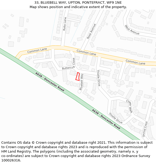 33, BLUEBELL WAY, UPTON, PONTEFRACT, WF9 1NE: Location map and indicative extent of plot