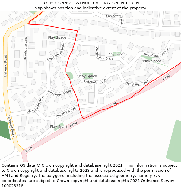 33, BOCONNOC AVENUE, CALLINGTON, PL17 7TN: Location map and indicative extent of plot