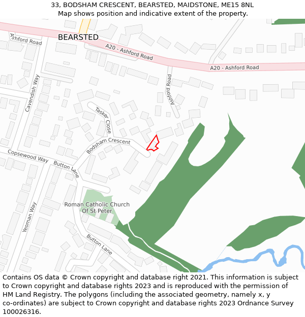 33, BODSHAM CRESCENT, BEARSTED, MAIDSTONE, ME15 8NL: Location map and indicative extent of plot