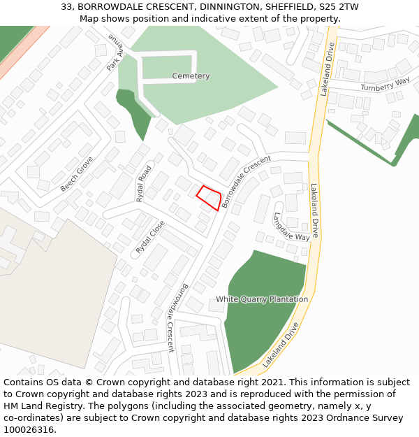 33, BORROWDALE CRESCENT, DINNINGTON, SHEFFIELD, S25 2TW: Location map and indicative extent of plot