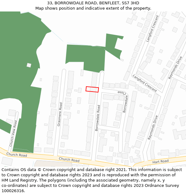 33, BORROWDALE ROAD, BENFLEET, SS7 3HD: Location map and indicative extent of plot