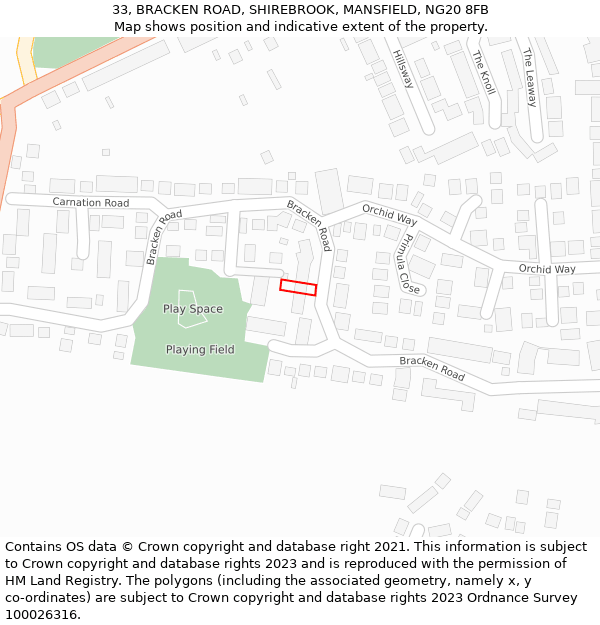 33, BRACKEN ROAD, SHIREBROOK, MANSFIELD, NG20 8FB: Location map and indicative extent of plot