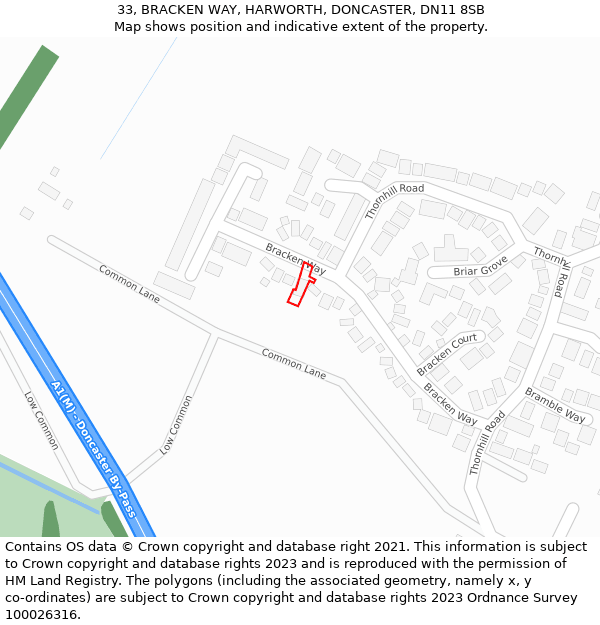 33, BRACKEN WAY, HARWORTH, DONCASTER, DN11 8SB: Location map and indicative extent of plot