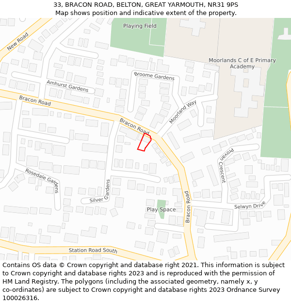 33, BRACON ROAD, BELTON, GREAT YARMOUTH, NR31 9PS: Location map and indicative extent of plot