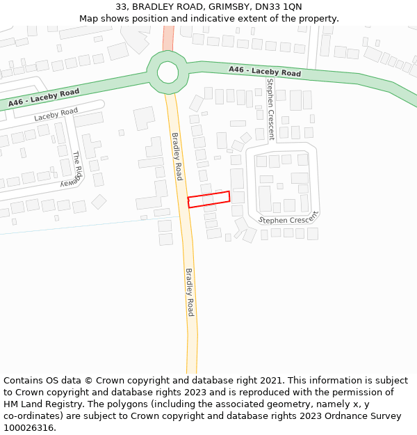 33, BRADLEY ROAD, GRIMSBY, DN33 1QN: Location map and indicative extent of plot