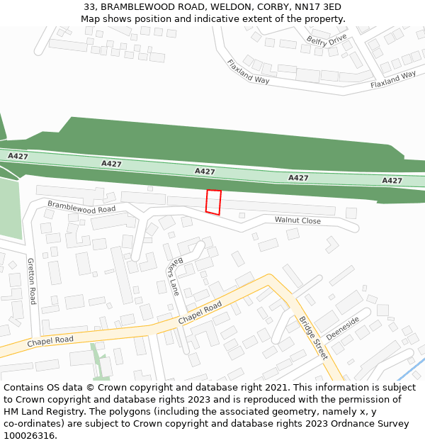 33, BRAMBLEWOOD ROAD, WELDON, CORBY, NN17 3ED: Location map and indicative extent of plot