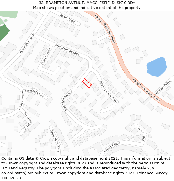 33, BRAMPTON AVENUE, MACCLESFIELD, SK10 3DY: Location map and indicative extent of plot