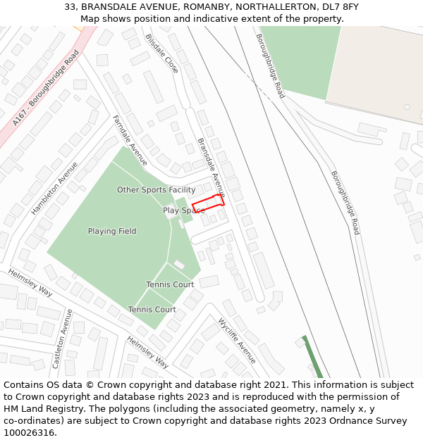 33, BRANSDALE AVENUE, ROMANBY, NORTHALLERTON, DL7 8FY: Location map and indicative extent of plot