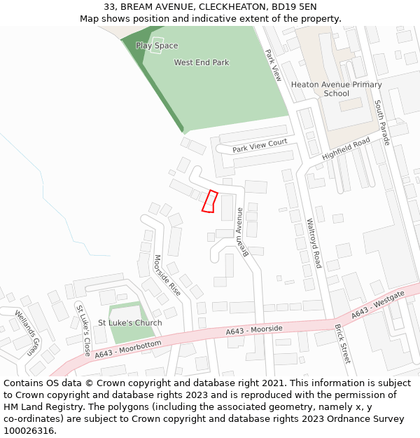 33, BREAM AVENUE, CLECKHEATON, BD19 5EN: Location map and indicative extent of plot