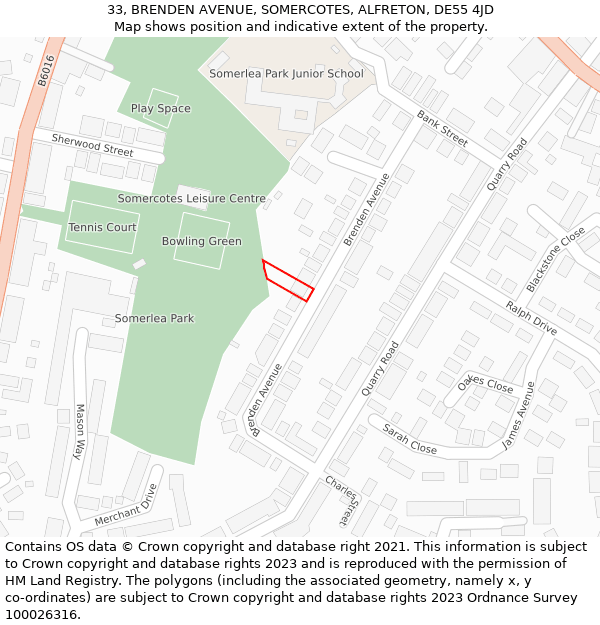 33, BRENDEN AVENUE, SOMERCOTES, ALFRETON, DE55 4JD: Location map and indicative extent of plot