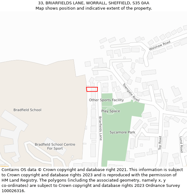 33, BRIARFIELDS LANE, WORRALL, SHEFFIELD, S35 0AA: Location map and indicative extent of plot
