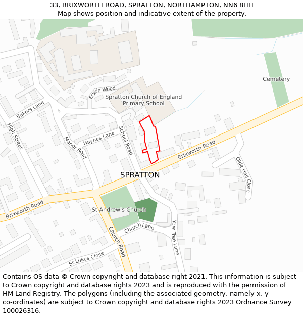 33, BRIXWORTH ROAD, SPRATTON, NORTHAMPTON, NN6 8HH: Location map and indicative extent of plot